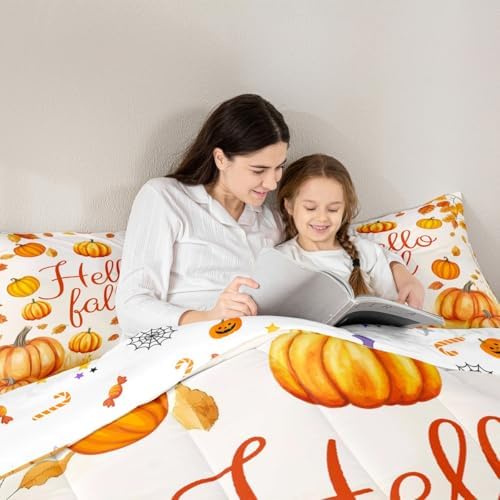 Erosebridal Fall Pumpkin Decor Bedding Set for Youth Teens Bedroom Autumn Harvest Theme Comforter Set, Kids Hello Fall Bedding Comforter Sets Autumn Leaves Quilt Rustic Decorations, King Size - Image 6