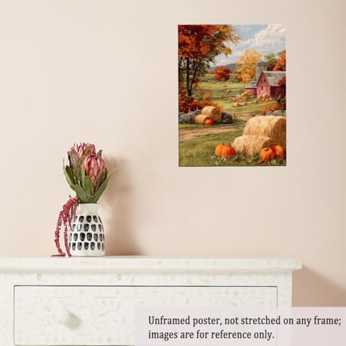 Autumn Farmhouse Wall Art – Rustic Red Barn Landscape with Pumpkins, Fall Harvest Canvas Print for Country Living Room or Seasonal Decor Display 20x30in Unframed - Image 5