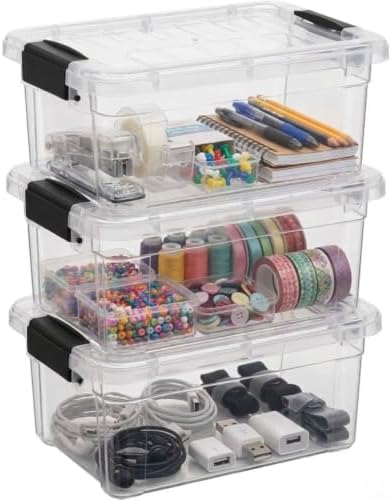Superio 1.4 Quart Mini Clear Plastic Storage Container with Lid, Stackable Small Organizer Box for Crayons, Art Supplies, Beads, Sewing, Stationery & Food Storage, 3 Pack by Superio