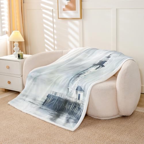 Nautical Lighthouse Sherpa Blanket Retro Oil Painting Throw Blanket Bedroom Living Room Soft Cozy Coastal Tower Blankets Decor for Bed Couch Sofa Black Grey Flannel Blankets 30"x40" - Image 5