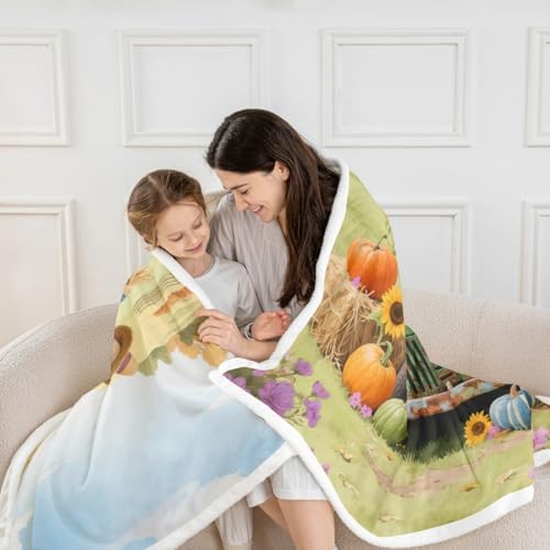 Fall Pumpkin Throw Blanket Harvest Truck Scarecrow Fleece Flannel Blankets Kids Boys Girls Room Decor Thanksgiving Sunflower Bed Blankets for Bed Sofa Couch Orange Green Plush Blanket Throw 50"x60" - Image 2