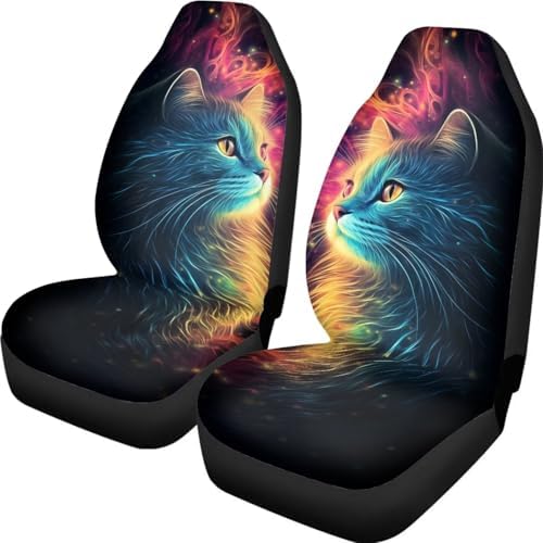Cute Galaxy Cat Print Car Seat Covers Set of 2 Elastic Fabric Front Bucket Seat Covers Stretch Seats Protector Universal Fit Car Interior Decor
