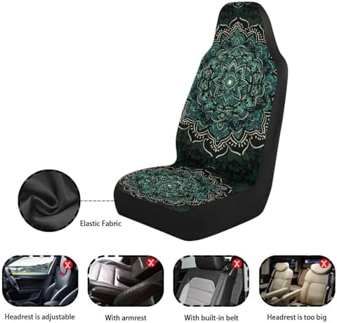 Car Seat Covers for Front Seat Breathable Green Mandala Floral Car Seats Cover Easy to Install Interior Protection Accessories Universal Fit Most Cars,SUV, Trucks