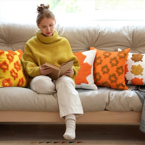 HunnmingRe 4 Pcs Thanksgiving Pillow Covers 18 x 18 Inch Maple Leaf Throw Pillow Covers Square Linen Pillowcase Fall Decor Seasonal Autumn Thanksgiving Harvest Decoration for Home Sofa Couch - Image 4