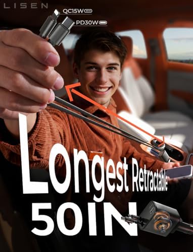 LISEN Retractable Car Charger, [2026 Upgrade 50 inch ] Long 4 in 1 Retractable Cable Car Charger, USB C Car Charger Fast Charging for iPhone 17 16 15 14 13 12 11 X Pro Max Plus Mini, Samsung S26