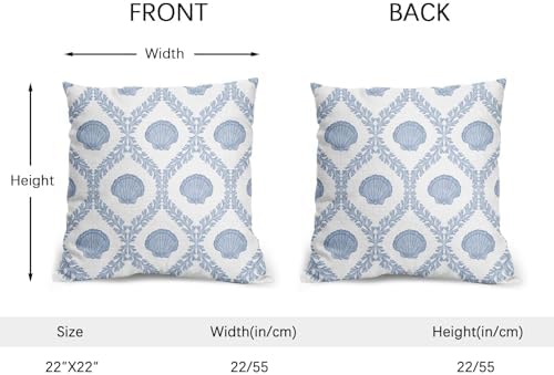 Light Blue Coastal Pillow Covers 22x22 Set of 2 Ocean Coral Shell Pattern Outdoor Decorative Linen Summer Throw Pillows Cases with Zipper Cushion Cover Rustic Decoration Farmhouse Sofa Couch Bed Decor - Image 4