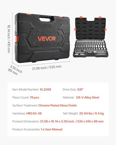 VEVOR Socket Set, 76 Pieces, 3/8 inch Drive Socket and Ratchet Set, SAE and Metric, Deep and Shallow, Mechanic Tool Kit with Accessories and Storage Case, CR-V Alloy Steel, for Automotive Repair - Image 7