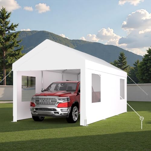 10x20FT Canopy, Outdoor Portable Garage with 2 Roll-Up Doors & 4 Ventilated Windows, Patio Camping Heavy Duty Car Port Canopy with PE Cover, Ground Pegs & Steel Cables, Easy Assembly, White by Outdoorchairs