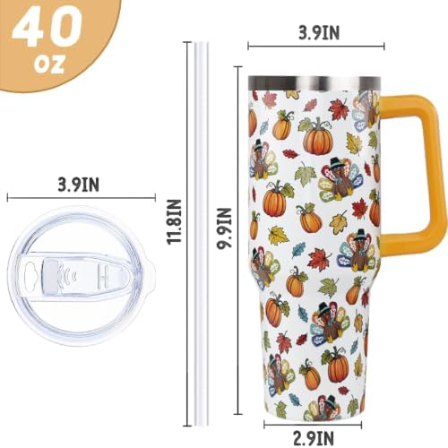 Thanksgiving Tumbler 40 oz Fall Cute Turkey Pumpkin Coffee Travel Mug Stainless Steel Insulated Cups Fall Water Bottle Thanksgiving Decor Gifts for Women - Image 3