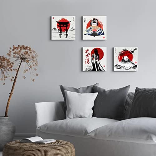 Japanese Wall Art Vintage Anime Posters Asian Samurai Geisha Fuji Mountain Picture Canvas Prints Red Decor for Living Room Bedroom Japan Painting Modern Artwork Bathroom Home Decorations 12x12” 4Pcs - Image 4