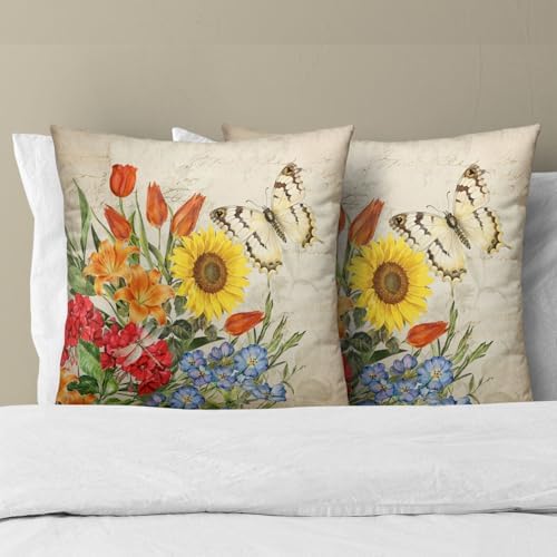 Sweetshow Spring Summer Colorful Floral Throw Pillow Covers 16X16 Inches Set of 2 Butterfly Flower Chinoiserie Pillowcase Soft Cotton Square Seasonal Cushion Covers for Living Room Sofa Bedroom Decor - Image 3