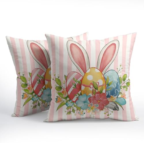 Easter Pillow Covers 22x22 Set of 2 Spring Throw Pillow Covers Rustic Bunny Ear Pink Pillowcase Linen Decoration Farmhouse Soft Decorative Eggs Stripe Cushion Case Couch for Indoor Outdoor Home Decor - Image 2