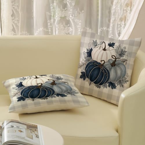 Fall Blue PumpkinPillow Covers 18x18 Set of 2 White Grey Buffalo Plaid - Image 5