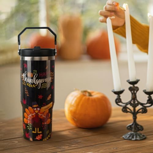 30oz Fall Tumbler with Handle and Flip Straw, Fall Gifts for Women, Reusable Stainless Steel Thanksgiving Tumbler, Insulated Leak Proof Travel Coffee Mug, Thanksgiving Gifts - Image 2