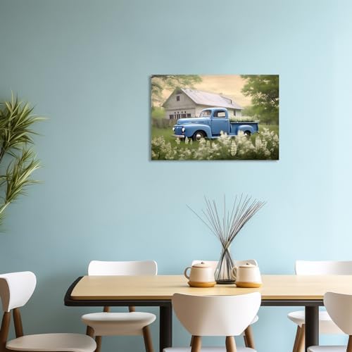 QIXIANG Farmhouse Blue Truck Canvas Wall Art for Bedroom Decor Country Old Barn and Flower Paintings Pictures for Home Decor with Framed (20.00" x 30.00", Blue) - Image 4