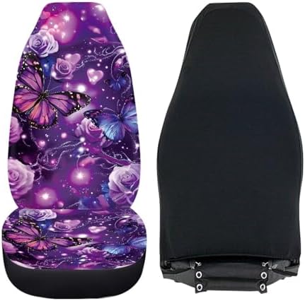 Purple Rose Butterfly Print Car Seat Covers 2pcs Auto Accessories Protectors Car Decor Universal Fit for Car Truck SUV