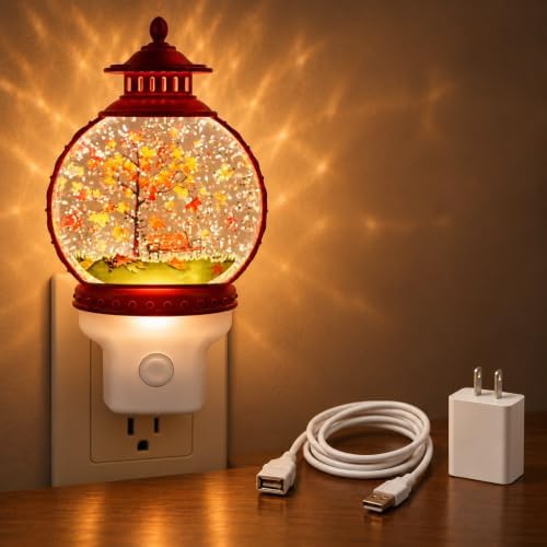 Autumn Water Globe Night Light, Spinning Glitter Lantern, Maple Tree Scene by Niqelva