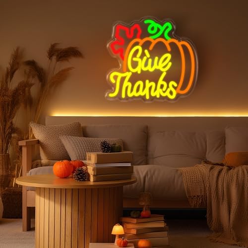 Pumpkin Give Thanks Neon Sign Neon Light Thanksgiving Decorations Give Thanks Neon Sign Window Lights Fall Decor LED USB Pumpkin Lights for Bar Table Living Room Wall Kitchen Mantel - Image 5