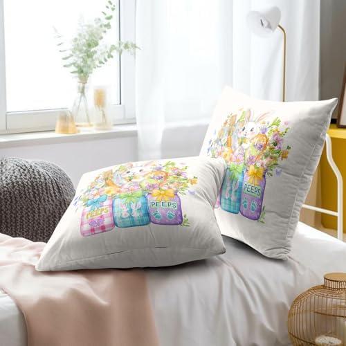 Sweetshow Easter Bunny Carrots Throw Pillow Covers 24X24 Inches Set of 2 Spring Colorful Flowers Mason Jar Pillowcase Soft Cotton Square Seasonal Cushion Covers for Living Room Sofa Bedroom Decor - Image 6