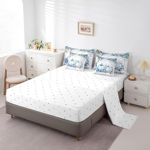 Erosebridal Fall Blue Pumpkin Bedding Set Watercolor Maple Eucalyptus Leaves Bed in A Bag Autumn Thanksgiving Full Comforter Set 7 Piece for Kids,Rustic Farmhouse Sheet Set with Comforter - Image 4