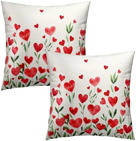 Valentine's Day Flower Throw Pillow Covers 22X22 Inches Set of 2 Red Love Heart Floral Pillowcase Soft Cotton Square Cushion Covers for Anniversary Wedding Home Sofa Bedroom Decoration by Sweetshow