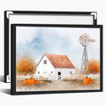White Barn with Pumpkins Wall Art – Autumn Farmhouse Landscape Poster,Rustic Fall Windmill Canvas Print for Entryway or Thanksgiving Dining Room Decor 16x20in Black aluminum frame by Unknown