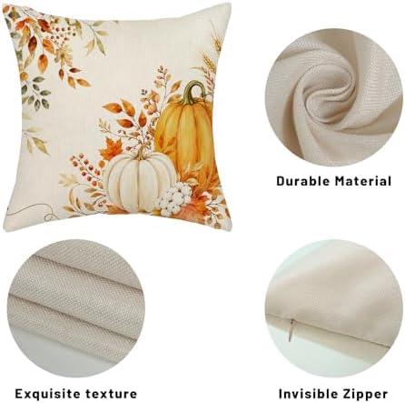 Fall Pillow Covers 18x18 Set of 2 Orange White Pumpkin Throw Pillow Covers Autumn Maple Leaf Eucalyptus Decorative Ourdoor Pillow Cases Thanksgiving Harvest Linen Cushion Cover for Couch Home Decor - Image 7