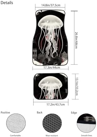 Jellyfish Car Rubber Floor Mat Gothic White Jellyfish 4PCS Front and Rear Mats Rubbers Non Slip Floor Mats Heel Pad Black Circle Car Mat Fit for SUV Van Truck