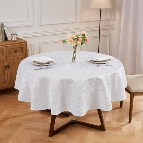 Warm Home Designs 90 Inch Jacquard Round Leaf Tablecloth CA White 90 Round - Image 2