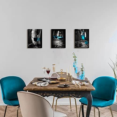 Turquoise Wine Wall Art for Kitchen Teal Wall Decor Living Room Gray and Black Wine Glass Canvas Pictures Dining Room Art Wall Decor Casks Posters Family Bar Modern Home Decorations 12x16" 3 Piece/Set - Image 3