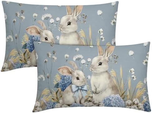Easter Pillow Covers 12x20 Set of 2 Spring Throw Pillow Covers Rustic Cute Bunny Rabbit Pillowcase Linen Decoration Farmhouse Soft Decorative Blue Cushion Case Couch for Indoor Outdoor Home Decor by Unknown