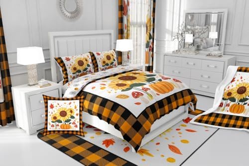 Erosebridal Sunflower Pumpkins Kids Comforter Set | Autumn Fall Pumpkin Decor Bedding Full Size Yellow Sunflowers Decorations Down Comforter Happy Thanksgiving Duvet Set for Bedroom - Image 7
