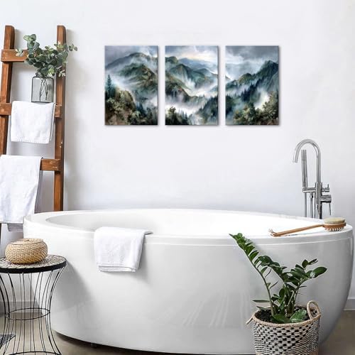 3 Panels Great Smoky Mountain Wall Art Nature Farmhouse Forest Wall Decor for Living Room Misty Trees Scenery Picture Bedroom Vintage Foggy Forest Painting Kitchen Living Room Home Decoration 16x24" - Image 3