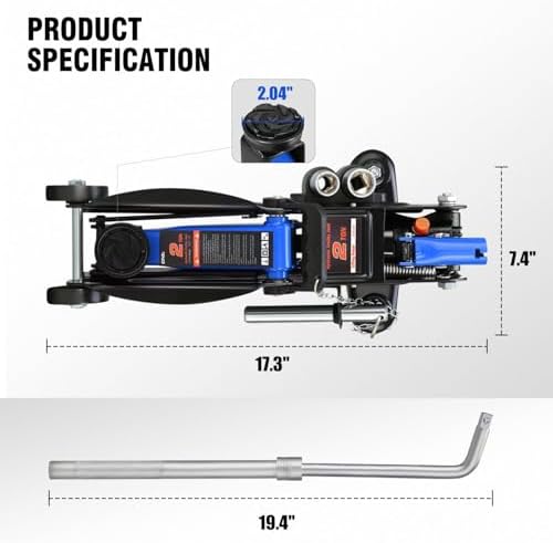 DNA Motoring Floor Jack with Socket and Lock, Low Profile Hydraulic Trolley Jack for Cars Lift, 2 Ton (4000 lbs) Capacity, Lifting Range 5.12"-13", Blue, TOOLS-00677-BL - Image 4