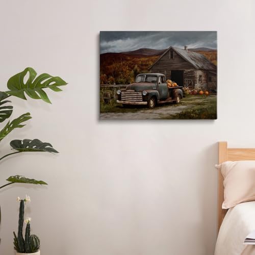 Vintage Truck with Pumpkins Wall Art – Rustic Fall Barn Landscape Canvas,Country Farmhouse Poster for Thanksgiving Entryway or Autumn Living Room Decor 11x14in Frame wall art - Image 5