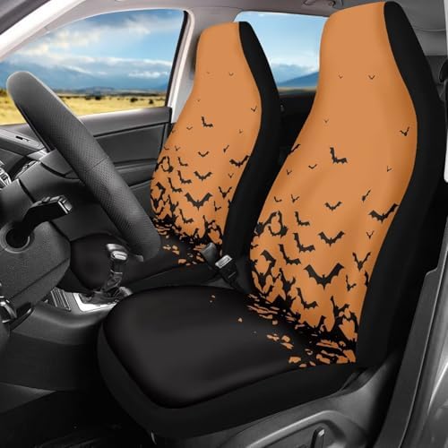 Orange Black Bat Halloween Print Car Seat Cover Colorful Cute Print Front Seat Covers 2 pcs, Vehicle Seat Protector Car Mat Covers, Fit Most Vehicle, Cars, Sedan, Truck, SUV, Van