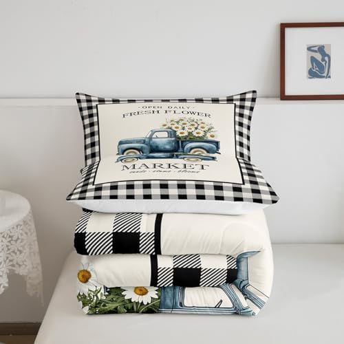 Homewish Daisy Flowers Truck Comforter Set Queen Size Black White Geometric Grid Bedding Set for Kids Girls Teens Boys Room Decor Spring Garden Plants Quilt Set Rustic Farmhouse Duvet Insert 3pcs - Image 5