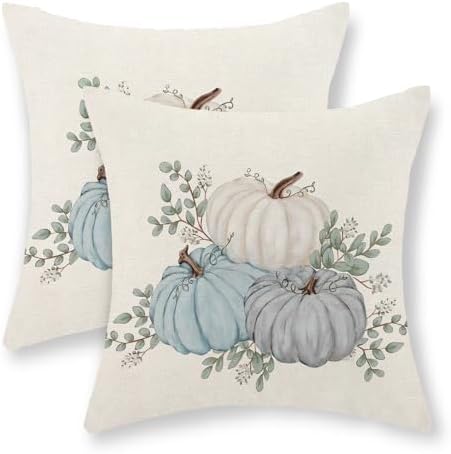 Fall Pillow Covers 18x18 Set of 2 Watercolor Blue White Pumpkin Pillow Cases Autumn Harvest Outdoor Fall Decoration Throw Pillows Linen Thanksgiving Cushion Case for Couch Sofa Home Decor by Gohdiwh