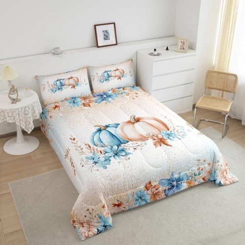 Erosebridal Blue Fall Decor Bedding Sets Twin - Autumn Fall Pumpkin Comforter Set for Kids Adults Eucalyptus Flowers Duvet Insert Thanksgiving Harvest Farmhouse Quilt - Image 4