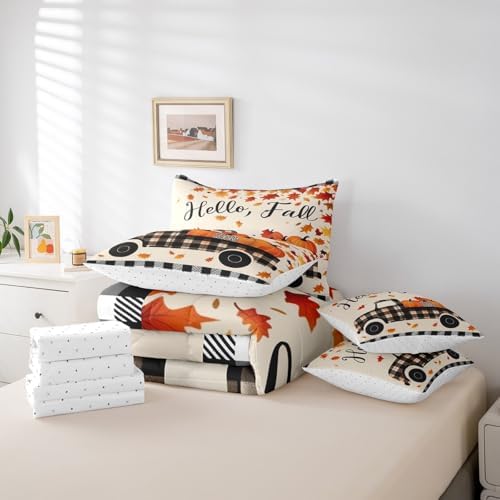 Erosebridal 7 Piece Happy Fall Y'all Bedding Set Farmhouse Pumpkin Truck Full Comforter Set with Sheets Thanksgiving Harvest Bed in A Bag for Kids Black White Buffalo Plaid Bed Set Autumn Decor - Image 6