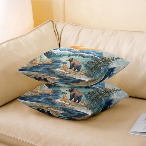 Manfei Lodge Pillow Case Covers 2 Pack 22"x 22",Wild Bear Jungle Hunting Animal 2 Reversible Print Pillow Covers,Watercolor Natural Sunset Mount Lake Pine Trees Paint Throw Sofa Pillow Covers - Image 3
