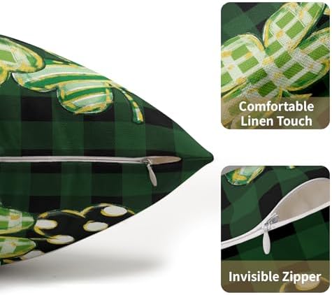 St Patricks Day Pillow Covers 12x20 Set of 2 Shamrock Clover Dark Green Throw Pillow Covers Spring Pillowcase Linen Farmhouse Decorative Buffalo Plaid Cushion Case Couch for Indoor Home Decor - Image 5