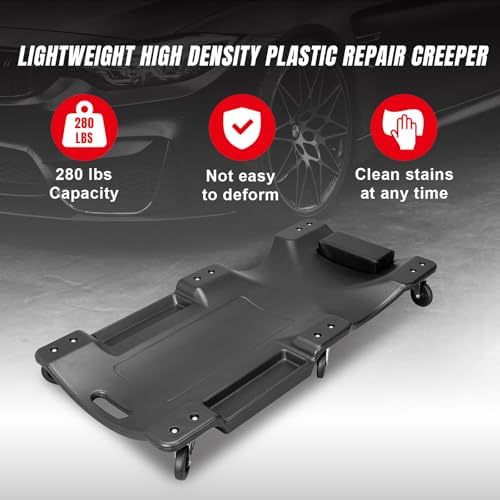 Big RED ATRP6240BR-1 Blow Molded Plastic Rolling Garage/Shop Creeper: 40" Mechanic Cart with Padded Headrest and 6 Casters, 250 LBS, Black - Image 6
