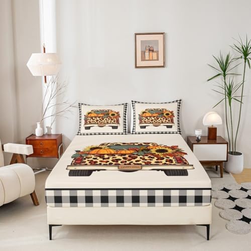 Plaid Pumpkin Bed Sheets Fall Thanksgiving Harvest Bedding Set Gifts For Kids Teen Adults King,Brown Leopard Truck Pumpkins Fitted Sheet Set,Butterfly Sunflower Maple Leaf Flat Sheet 2 Pillow Cases - Image 4