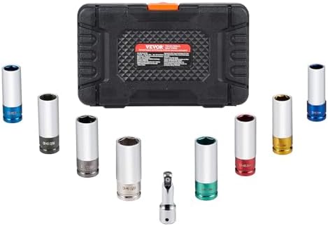 VEVOR 9-Piece Lug Nut Impact Socket Set 1/2 Inch Drive, Metric and SAE, 6-Point, CR-MO, Deep Wheel Protector Impact Socket Set With Storage Case and Extension Bar for Auto Repair by VEVOR