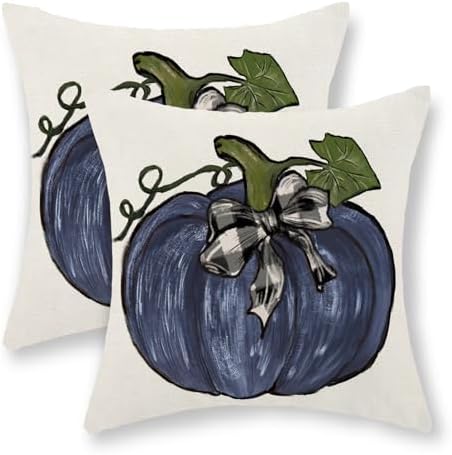 Fall Pillow Covers 18x18 Set of 2 Dark Blue Pumpkin Leaves Fall Decor Pillowcase Autumn Harvest Thanksgiving Decorative Outdoor Throw Pillow Covers Linen Farmhouse Cushion Case for Couch Home by Gohdiwh