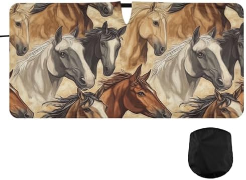 Windshield Sun Shade Horses Animals Car Sunshade for Auto Truck SUV, Sun Shield that Keeps Your Vehicle Cool, Foldable, Storage Bag 62 x 32 in
