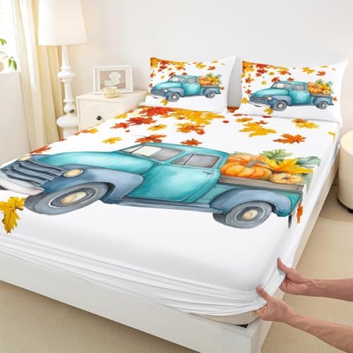 Pumpkin Truck Bed Sheets Fall Thanksgiving Harvest Seasonal Fitted Sheet Set Twin Autumn Maple Leaf Bedding Set Farmhouse Home Room Decor Watercolor Rustic Sheet Set Orange White Flat Sheet 3 Pcs - Image 6