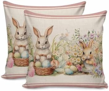 JasmineM Happy Easter Bunny Pillow Covers 16x16 inch Set of 2, Spring Florals Colorful Eggs Decorations Outdoor Throw Pillow Covers, Cotton Linen Square Pillowcases for Sofa Couch Bedroom Decorative by JasmineM