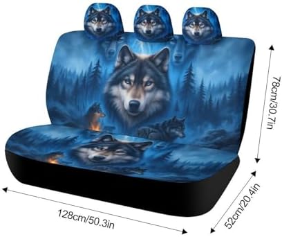 Moonlit Wolf Pattern Car Seat Covers, Trendy Universal Car Seat Protector Full Set, Automotive Seat Covers for Front Seats Rear Seat Back Seat Gift (Wolf Spirit Night, Full Set)